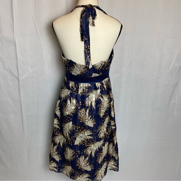 Laundry By Shelli Segal Womens Halter Dress Size 4 Blue & Metallic Gold Feathers - Picture 6 of 6